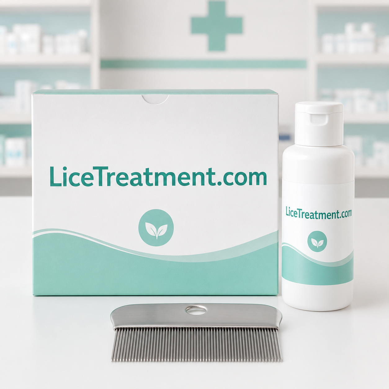 LiceTreatment kit box, labeled bottle, and fine-tooth comb