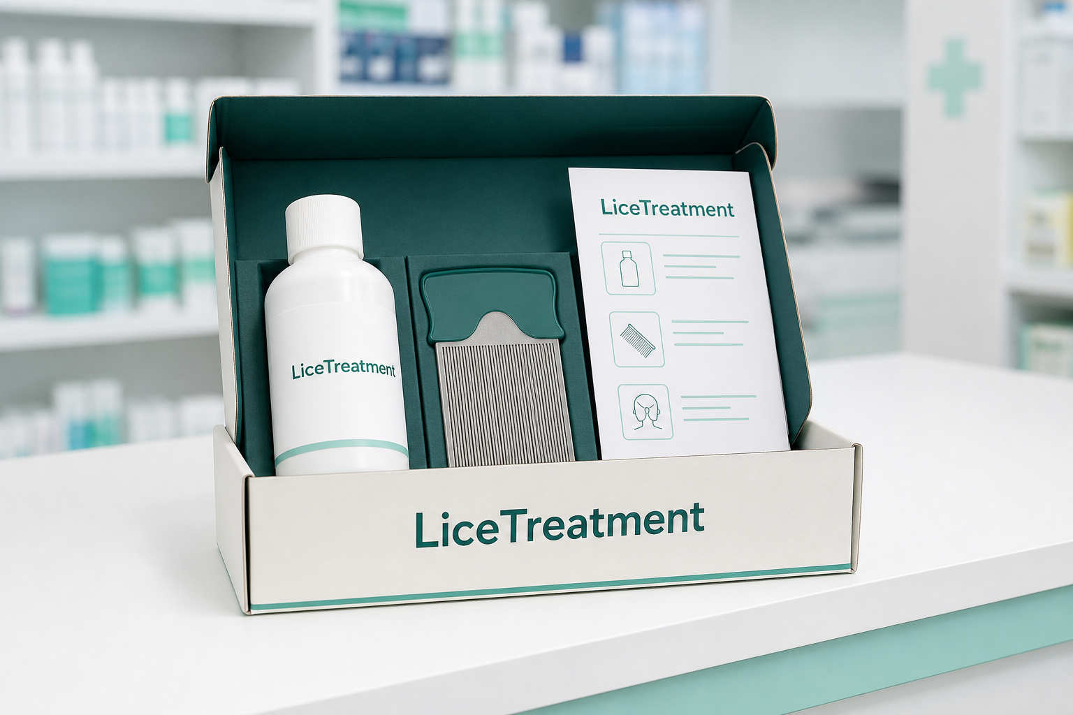 Fine-tooth comb beside carefully arranged treatment materials