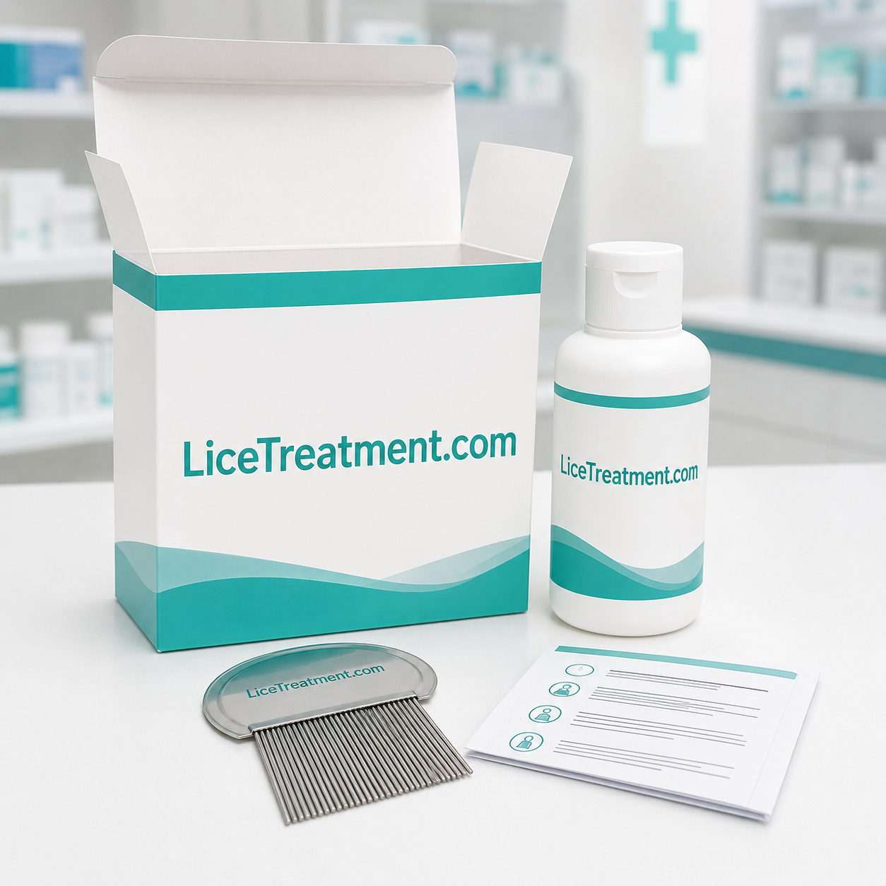Lice comb and treatment products arranged with written family guidance